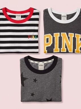 PINK by Victoria's Secret Graphic & Striped T-Shirts Bundle of 3 Size Small